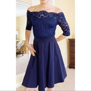 Retro Off Shoulder Floral Lace Half Sleeve Cocktail Party Swing Dress-Navy Blue